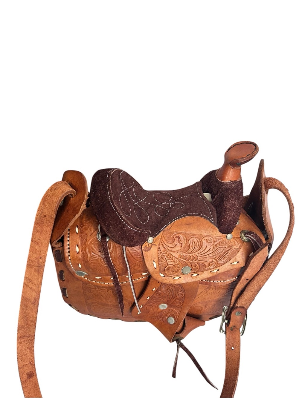 Horse Saddle Shoulder Bag Hand Tooled Brown Suede And Tan Leather Purse Vintage - Picture 7 of 16
